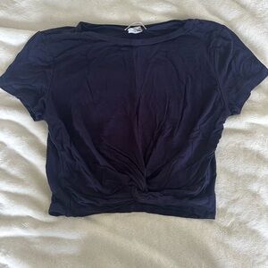 Navy Blue Crop Tie Front T-Shirt